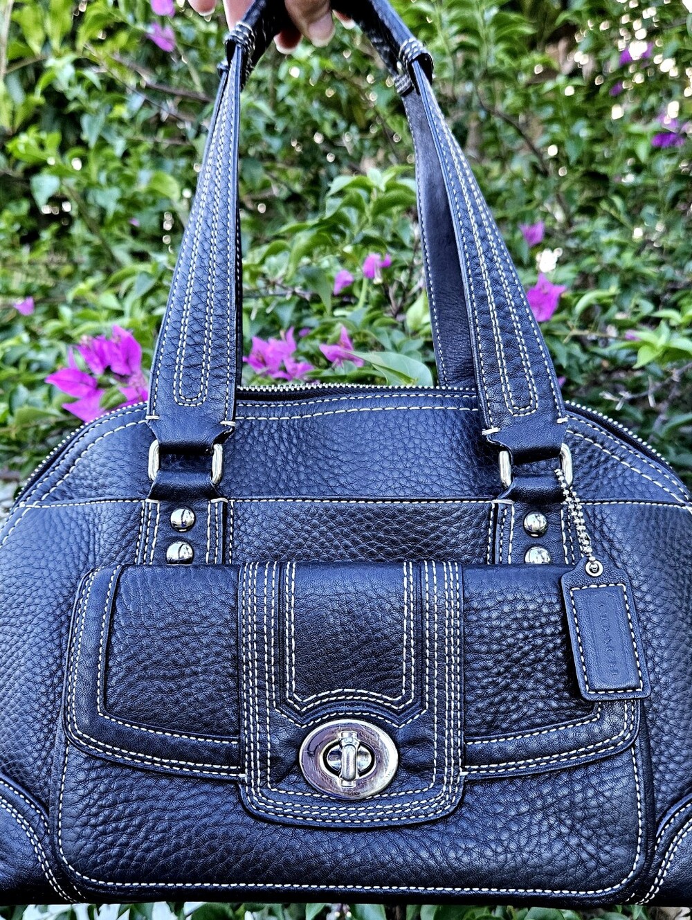 Coach Hampton Domed Satchel F13963 Black Pebbled Leather Turnlock Bag